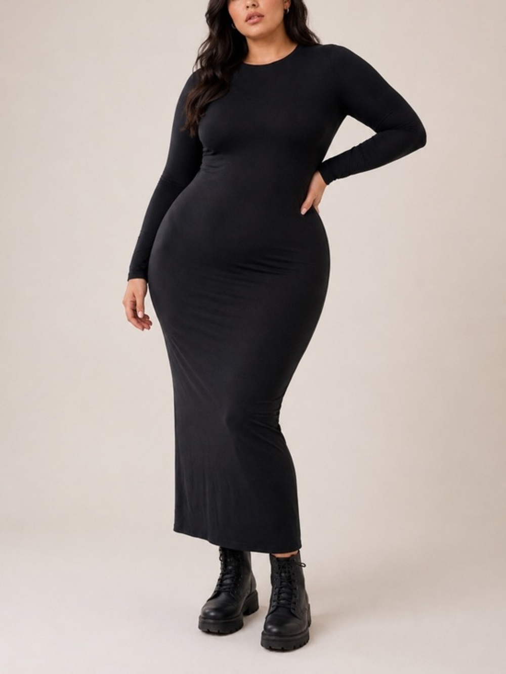 SKIMS Onyx Fits Everybody Long Sleeve Bodycon Crew Neck Stretch Maxi Dress
